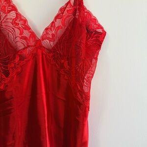 Lace-Trim Red Satin Slip — Women’s Chemise